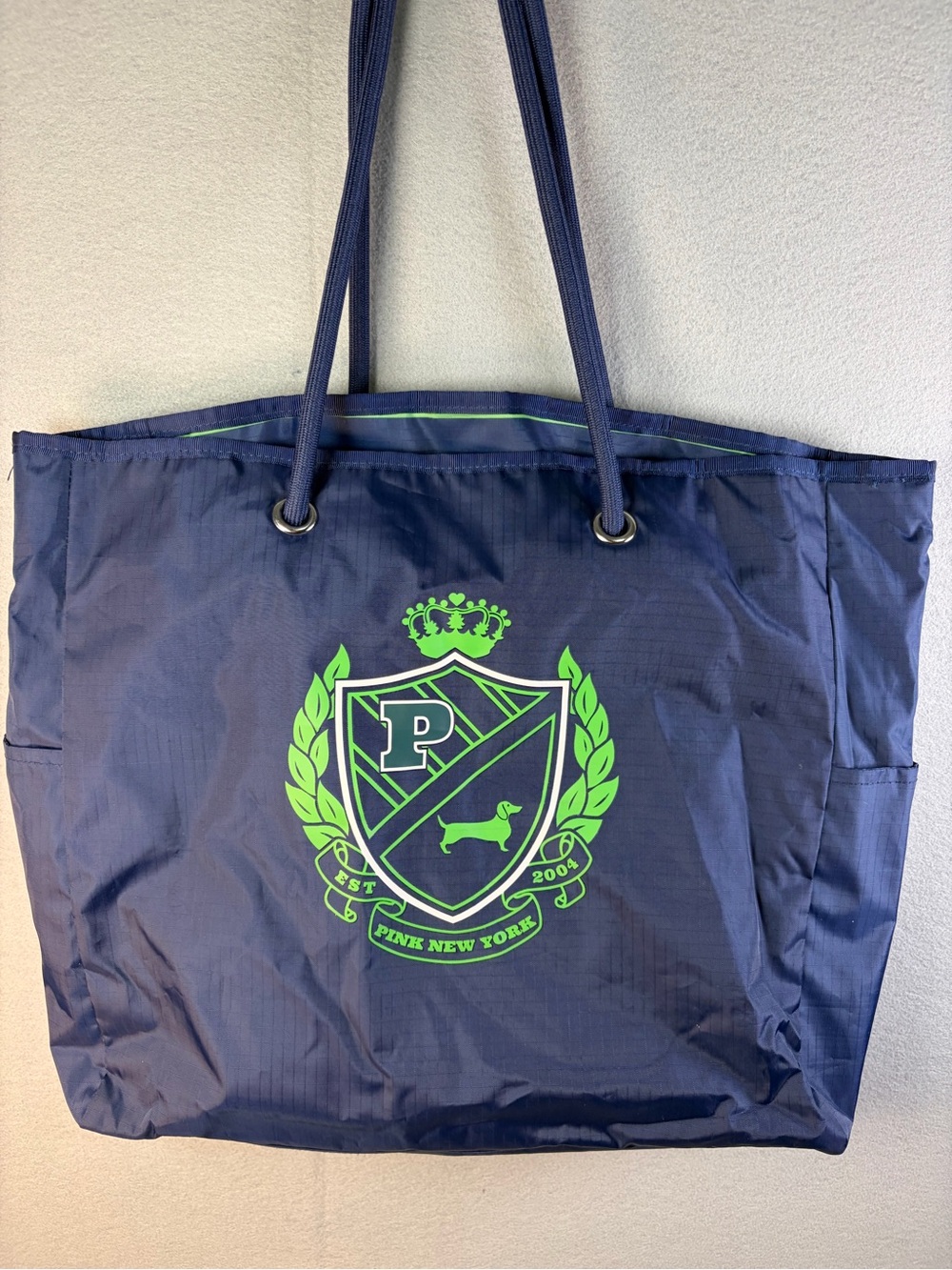 PINK Victoria's Secret Navy Tote with Neon Green Crest